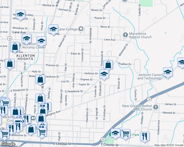 map of restaurants, bars, coffee shops, grocery stores, and more near Jackson Street in Jackson