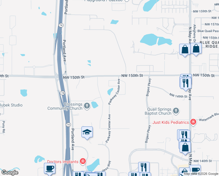 map of restaurants, bars, coffee shops, grocery stores, and more near 14980-15048 Columbia Drive in Oklahoma City