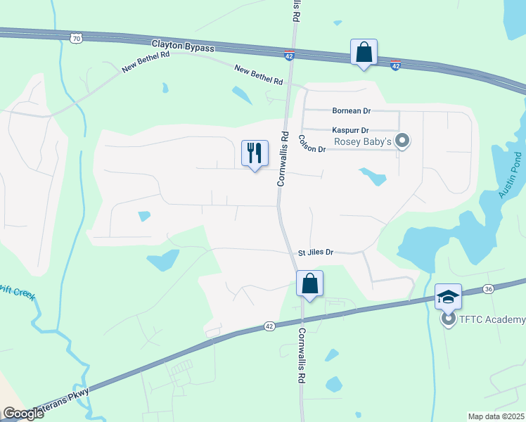 map of restaurants, bars, coffee shops, grocery stores, and more near 103 Carrington Drive in Garner