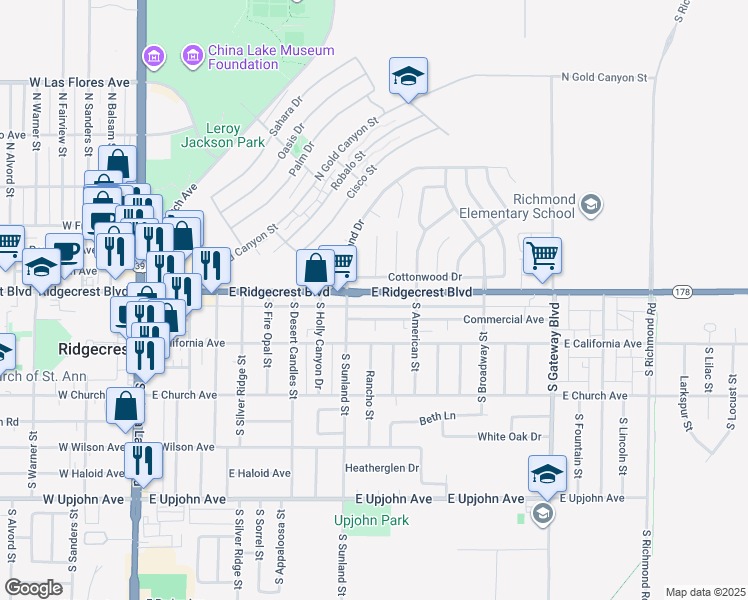 map of restaurants, bars, coffee shops, grocery stores, and more near 525 East Ridgecrest Boulevard in Ridgecrest