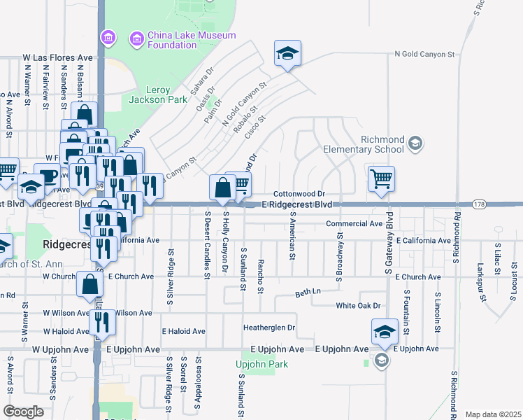 map of restaurants, bars, coffee shops, grocery stores, and more near 519 East Ridgecrest Boulevard in Ridgecrest