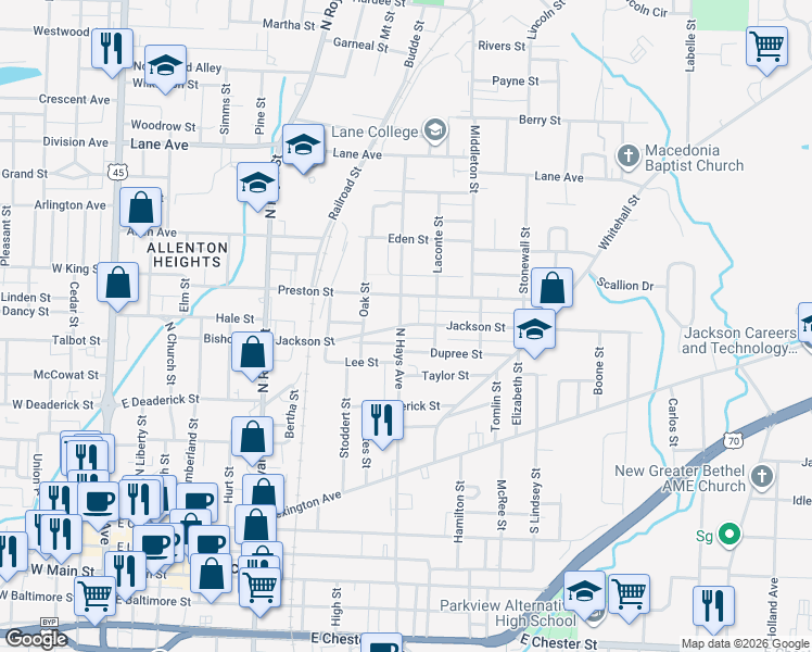 map of restaurants, bars, coffee shops, grocery stores, and more near 106 Jackson Street in Jackson