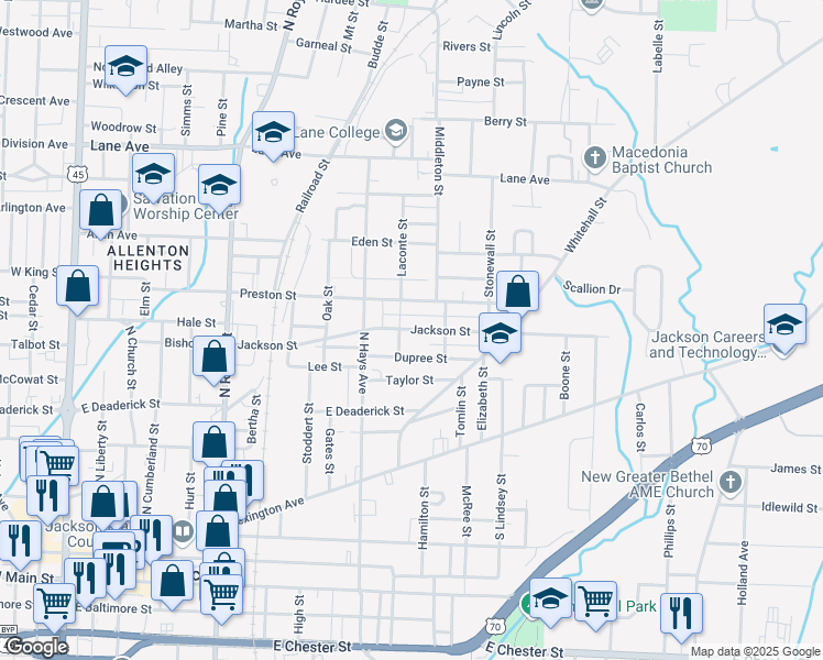 map of restaurants, bars, coffee shops, grocery stores, and more near Jackson Street in Jackson