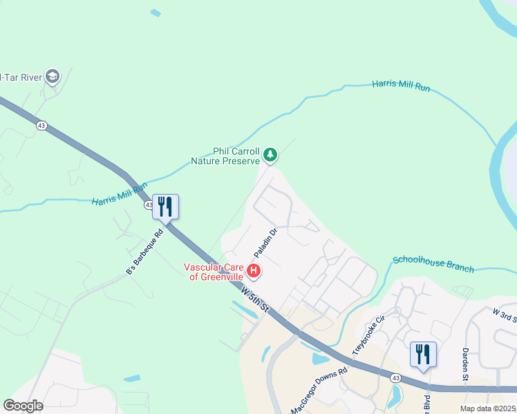 map of restaurants, bars, coffee shops, grocery stores, and more near 2612B Richard Drive in Greenville