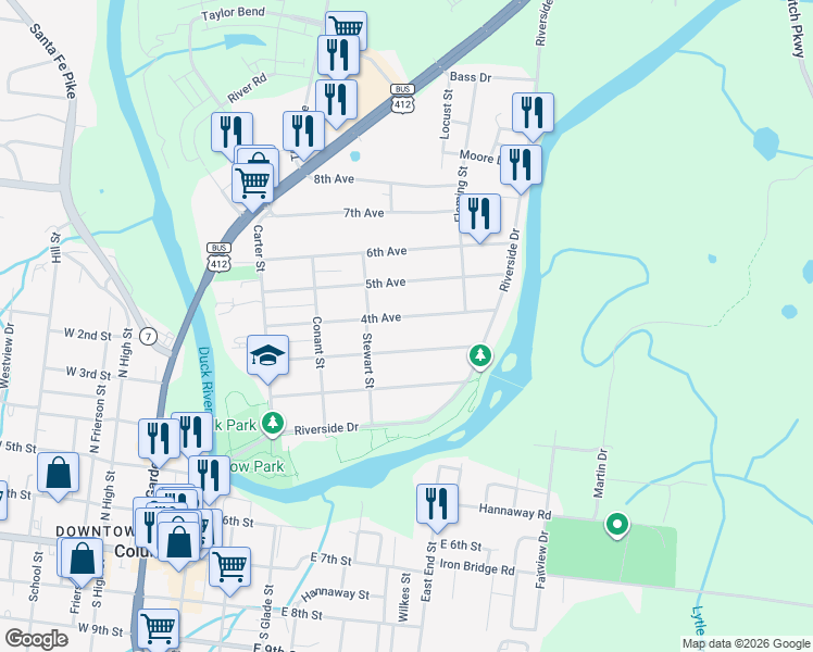 map of restaurants, bars, coffee shops, grocery stores, and more near 311 3rd Avenue in Columbia
