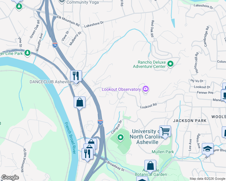map of restaurants, bars, coffee shops, grocery stores, and more near 8 Apple Lane in Woodfin