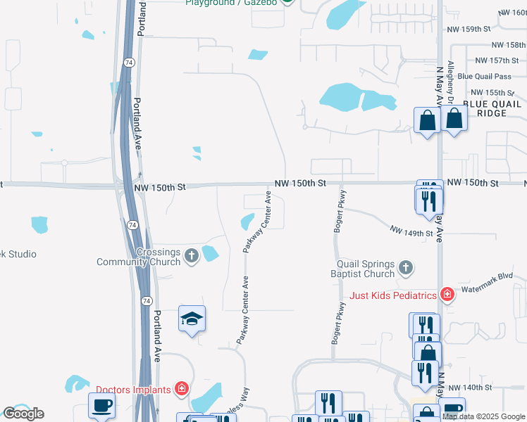 map of restaurants, bars, coffee shops, grocery stores, and more near 3244 Northwest 150th Street in Oklahoma City