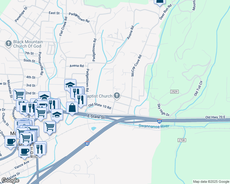 map of restaurants, bars, coffee shops, grocery stores, and more near 404 Kerlee Heights Road in Black Mountain