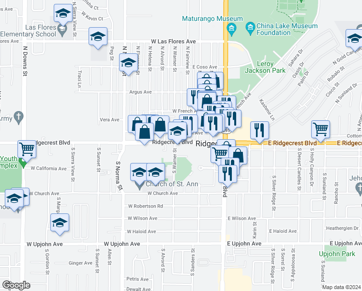 map of restaurants, bars, coffee shops, grocery stores, and more near 235 West Ridgecrest Boulevard in Ridgecrest