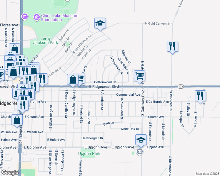map of restaurants, bars, coffee shops, grocery stores, and more near 129 1/2 East Ridgecrest Boulevard in Ridgecrest