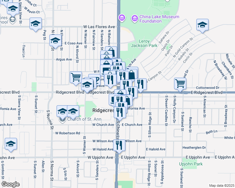 map of restaurants, bars, coffee shops, grocery stores, and more near 2 South China Lake Boulevard in Ridgecrest