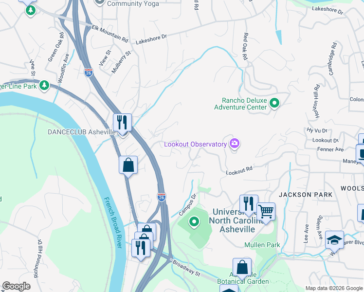 map of restaurants, bars, coffee shops, grocery stores, and more near 8 Apple Lane in Woodfin