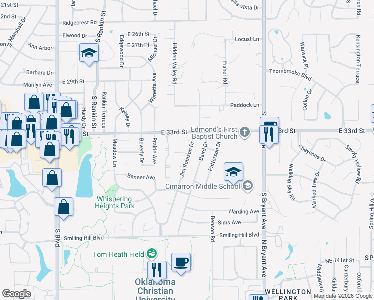 map of restaurants, bars, coffee shops, grocery stores, and more near 812 Owens Avenue in Edmond