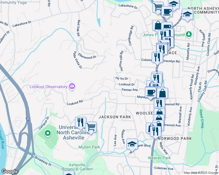 map of restaurants, bars, coffee shops, grocery stores, and more near 4 Lookout Road in Asheville