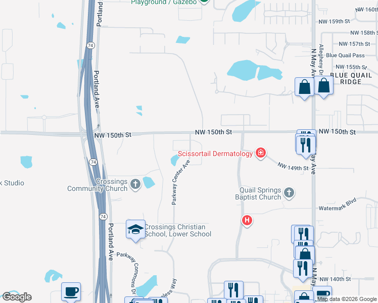 map of restaurants, bars, coffee shops, grocery stores, and more near 3244 Northwest 150th Street in Oklahoma City