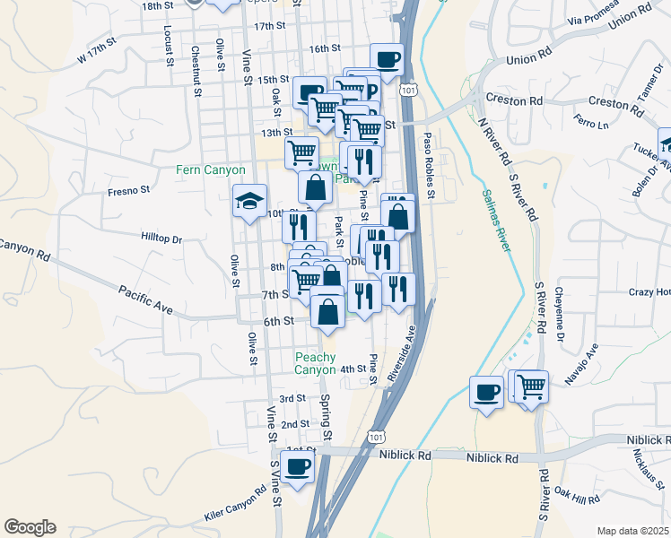 map of restaurants, bars, coffee shops, grocery stores, and more near 721 Park Street in Paso Robles