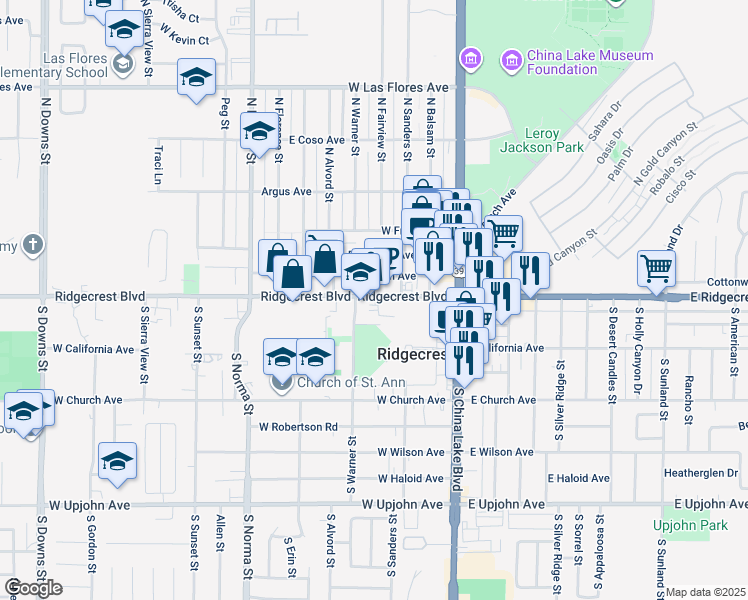 map of restaurants, bars, coffee shops, grocery stores, and more near 225 West Ridgecrest Boulevard in Ridgecrest