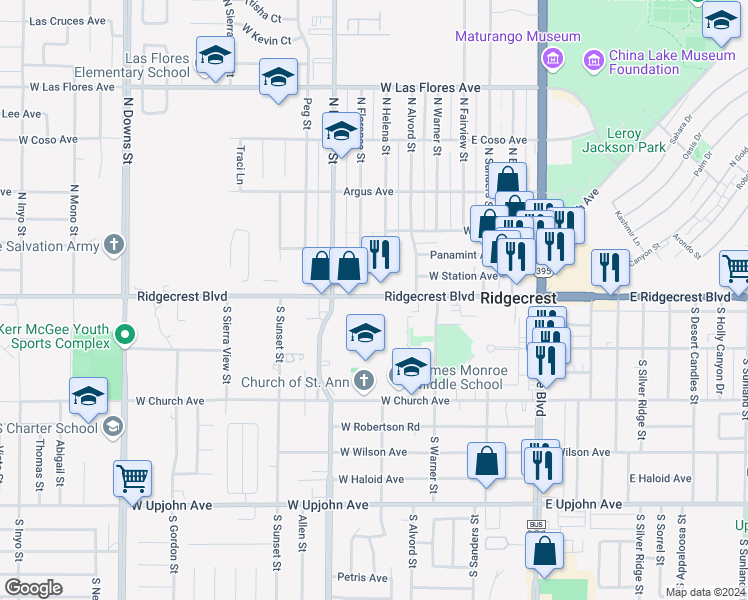 map of restaurants, bars, coffee shops, grocery stores, and more near 345 West Ridgecrest Boulevard in Ridgecrest