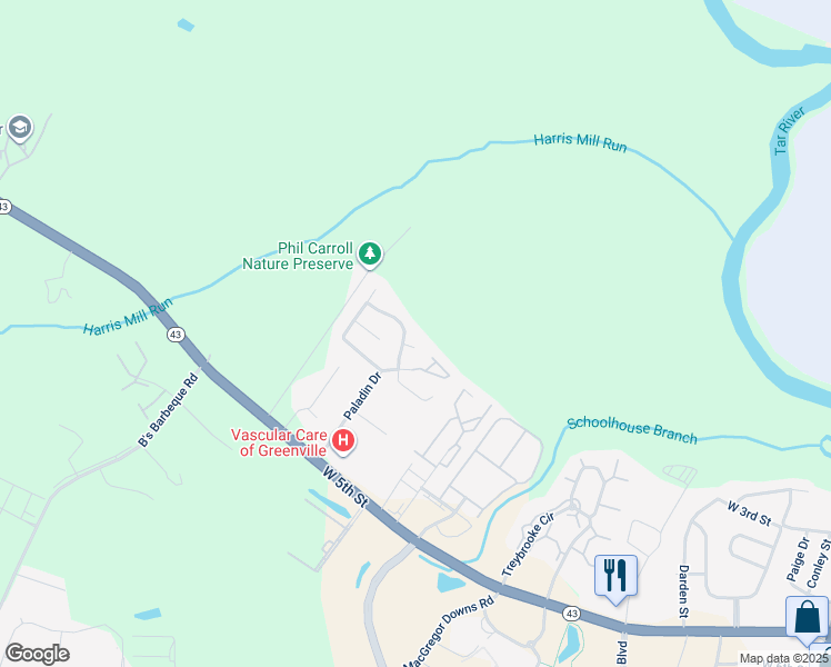 map of restaurants, bars, coffee shops, grocery stores, and more near 2805a Sweet Gum Court in Greenville