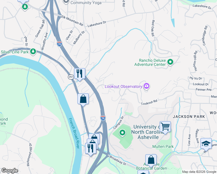 map of restaurants, bars, coffee shops, grocery stores, and more near 8 Apple Lane in Woodfin