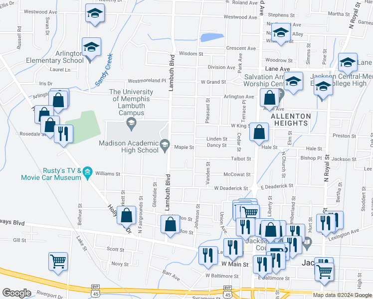 map of restaurants, bars, coffee shops, grocery stores, and more near 116 Maple Street in Jackson