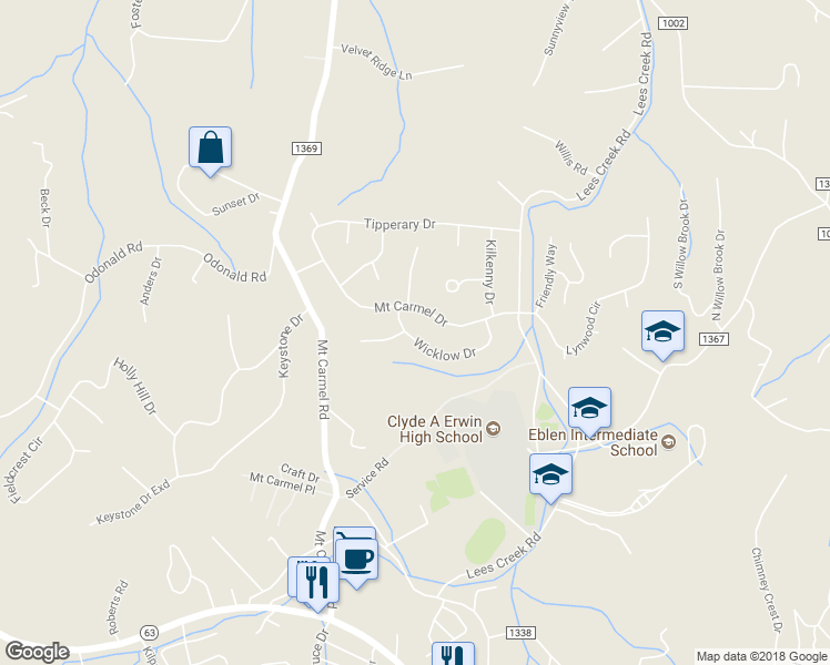 map of restaurants, bars, coffee shops, grocery stores, and more near 130 Wicklow Drive in Asheville