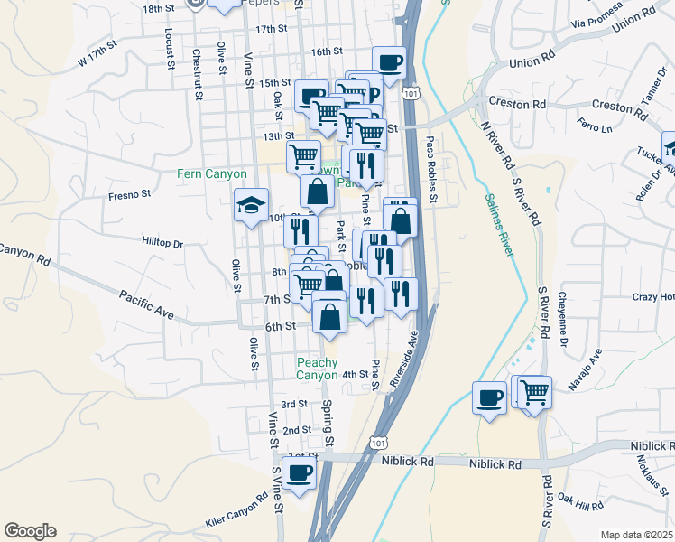 map of restaurants, bars, coffee shops, grocery stores, and more near 745 Park Street in Paso Robles