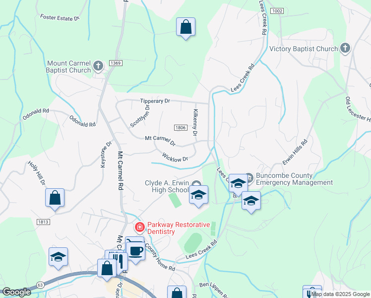 map of restaurants, bars, coffee shops, grocery stores, and more near 33 Mount Carmel Drive in Asheville