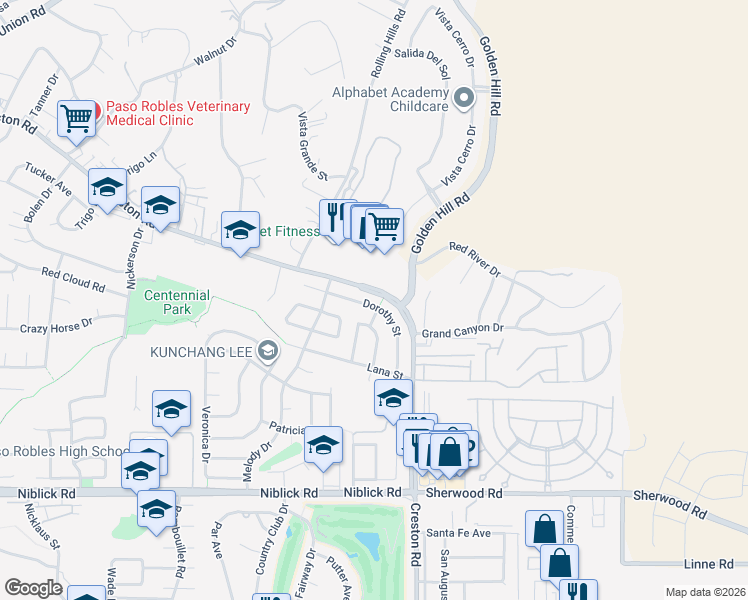 map of restaurants, bars, coffee shops, grocery stores, and more near 1179 Dorothy Street in Paso Robles