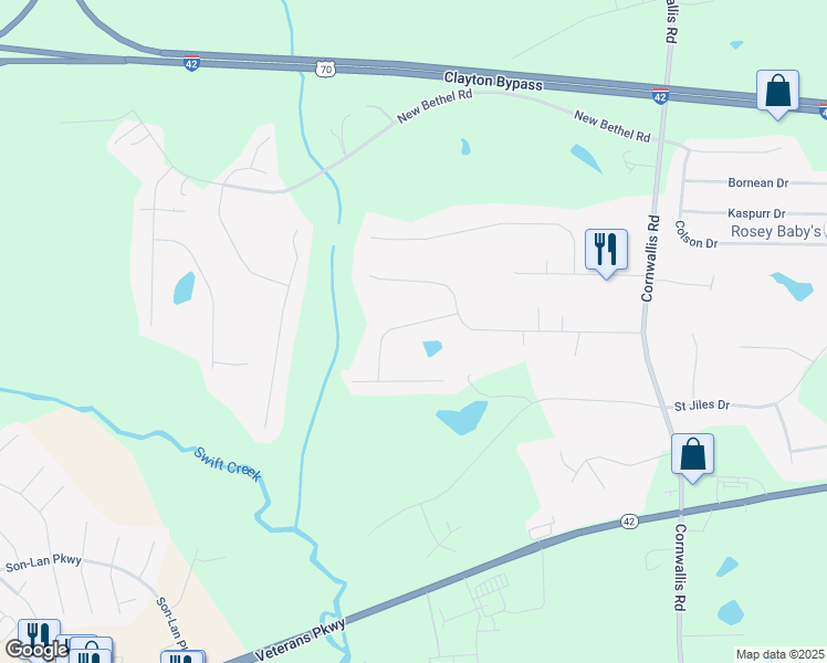 map of restaurants, bars, coffee shops, grocery stores, and more near 117 Nightshade Lane in Garner