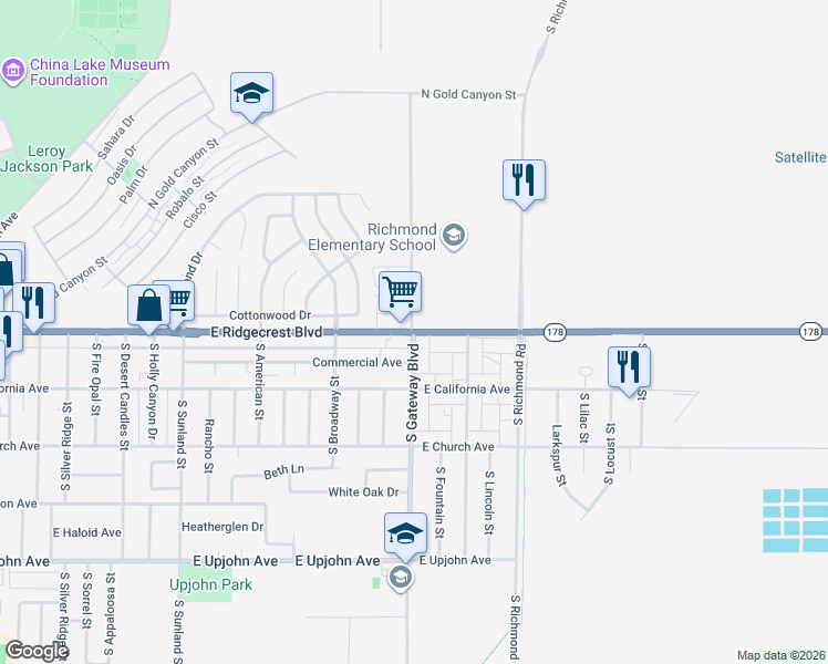 map of restaurants, bars, coffee shops, grocery stores, and more near East Ridgecrest Boulevard in Ridgecrest