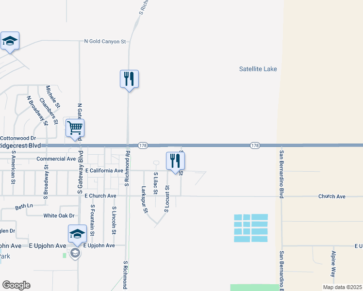 map of restaurants, bars, coffee shops, grocery stores, and more near 26 South Lumill Street in Ridgecrest