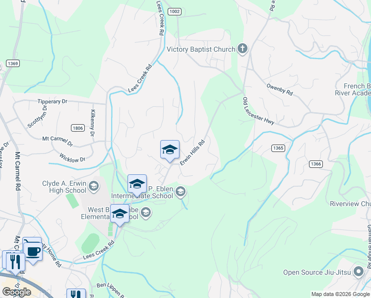map of restaurants, bars, coffee shops, grocery stores, and more near 222 Erwin Hills Road in Asheville