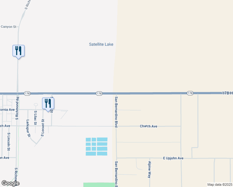 map of restaurants, bars, coffee shops, grocery stores, and more near 26 San Bernardino Boulevard in Ridgecrest