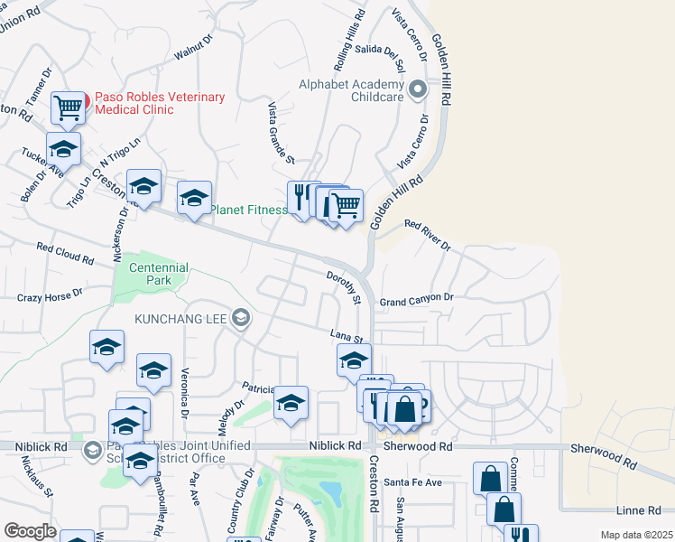 map of restaurants, bars, coffee shops, grocery stores, and more near 1179 Dorothy Street in Paso Robles