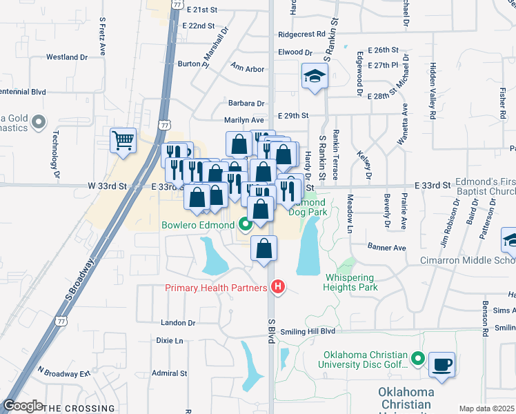 map of restaurants, bars, coffee shops, grocery stores, and more near 198 East 33rd Street in Edmond