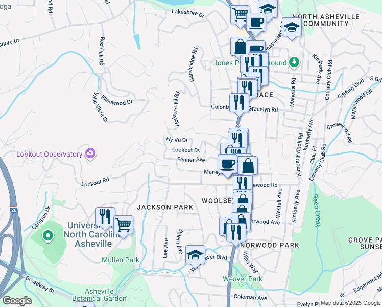 map of restaurants, bars, coffee shops, grocery stores, and more near 90 Fenner Avenue in Asheville