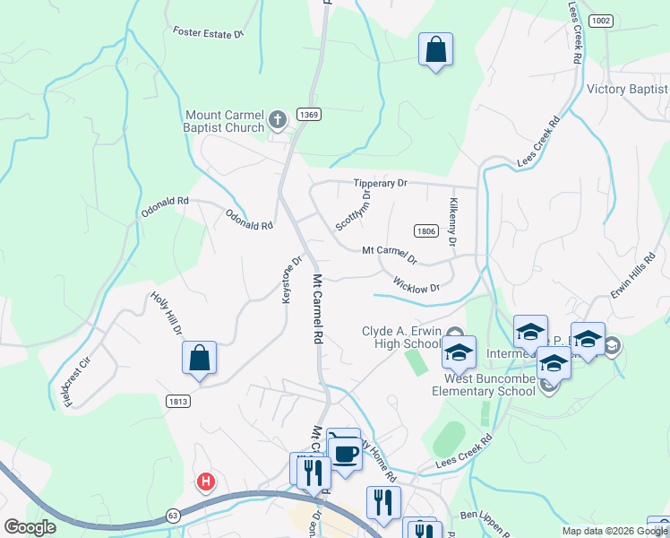 map of restaurants, bars, coffee shops, grocery stores, and more near 31 Amangela Drive in Asheville