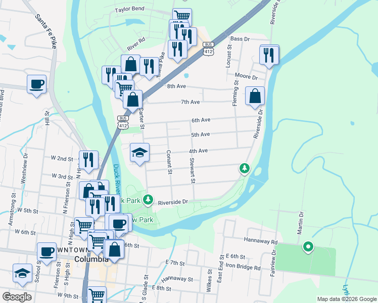 map of restaurants, bars, coffee shops, grocery stores, and more near 305 Stewart Street in Columbia