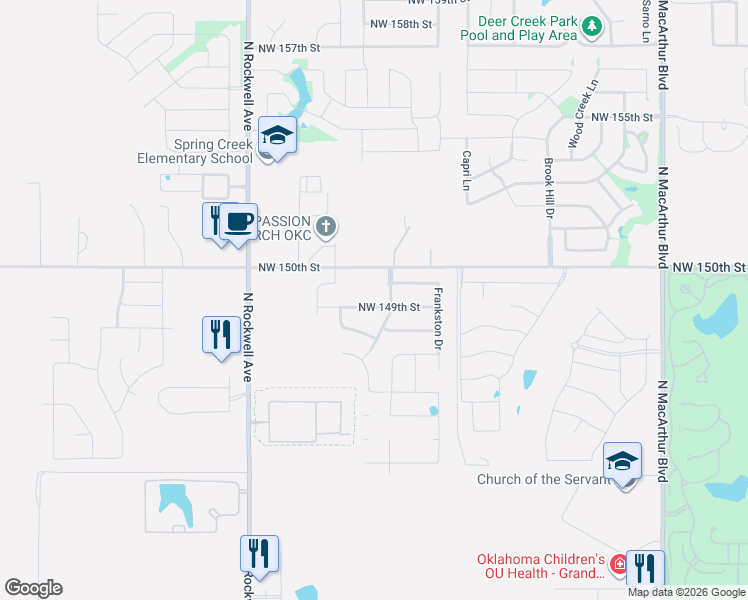 map of restaurants, bars, coffee shops, grocery stores, and more near 6720 NW 149th St in Oklahoma City