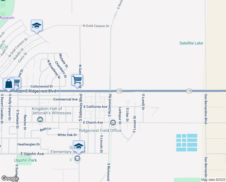 map of restaurants, bars, coffee shops, grocery stores, and more near 1118 East Ridgecrest Boulevard in Ridgecrest