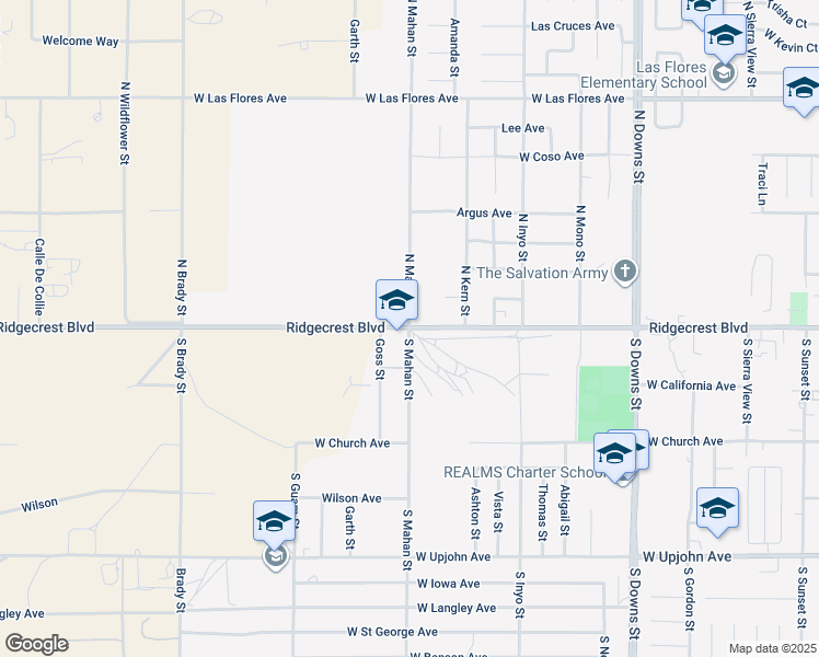 map of restaurants, bars, coffee shops, grocery stores, and more near 2 South Mahan Street in Ridgecrest