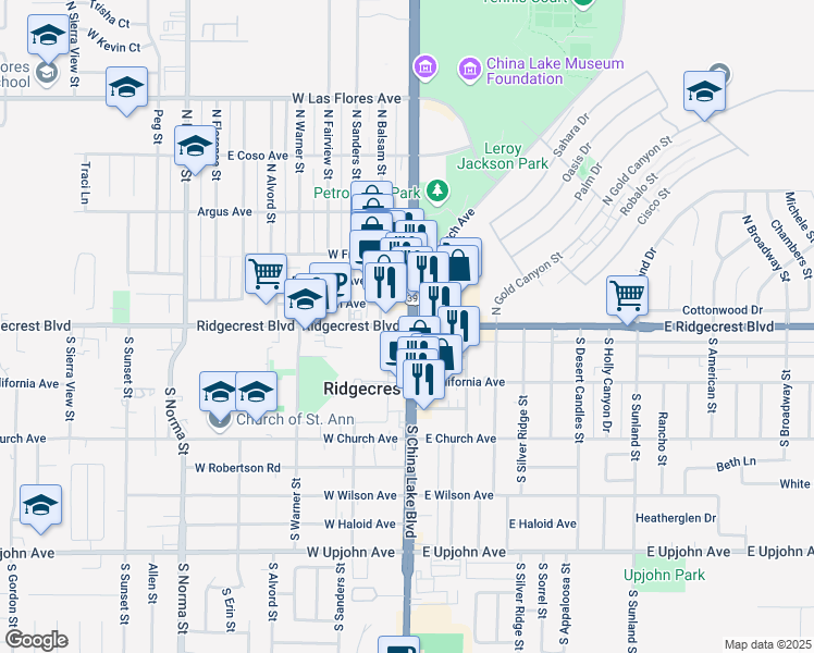 map of restaurants, bars, coffee shops, grocery stores, and more near 2 Ridgecrest Boulevard in Ridgecrest