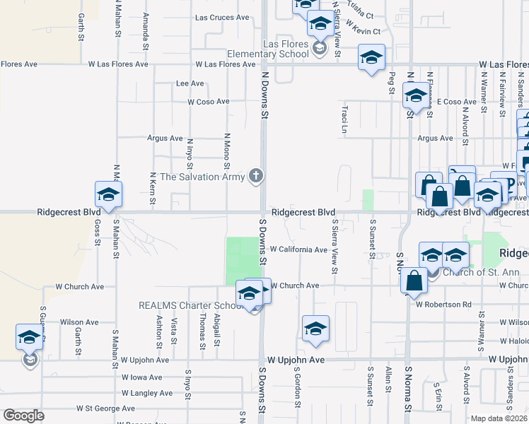 map of restaurants, bars, coffee shops, grocery stores, and more near 2 North Downs Street in Ridgecrest