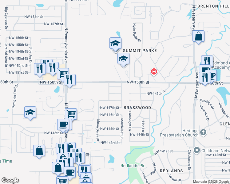 map of restaurants, bars, coffee shops, grocery stores, and more near 1608 Northwest 149th Street in Edmond