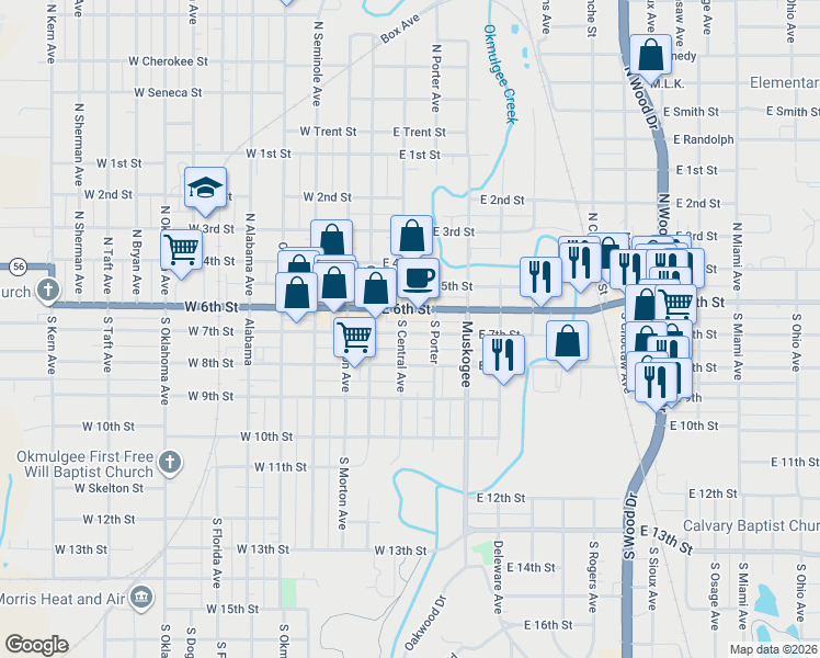 map of restaurants, bars, coffee shops, grocery stores, and more near 205 East 7th Street in Okmulgee