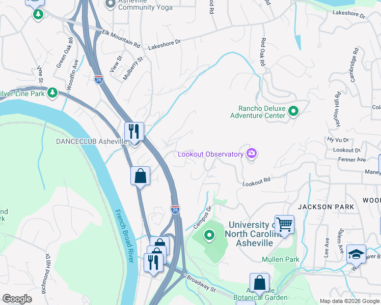 map of restaurants, bars, coffee shops, grocery stores, and more near 8 Apple Lane in Woodfin