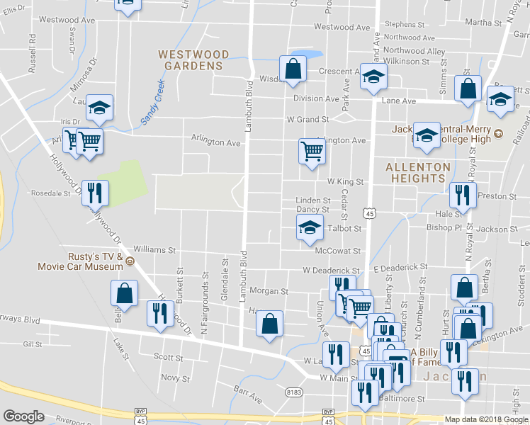 map of restaurants, bars, coffee shops, grocery stores, and more near 122 Maple Street in Jackson