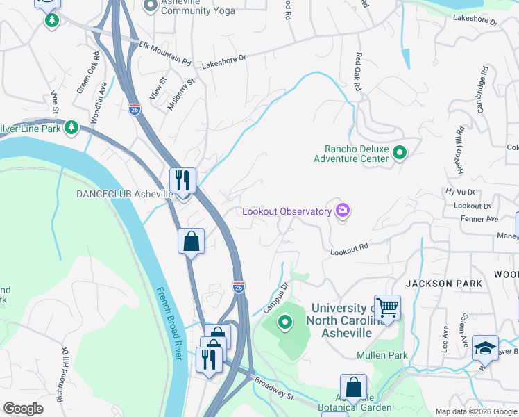 map of restaurants, bars, coffee shops, grocery stores, and more near 8 Apple Lane in Woodfin