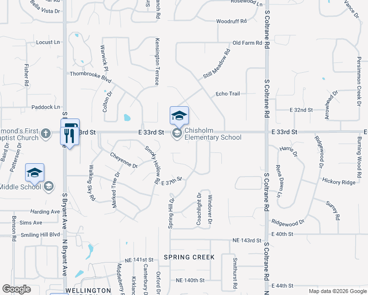 map of restaurants, bars, coffee shops, grocery stores, and more near 2300 East 33rd Street in Edmond